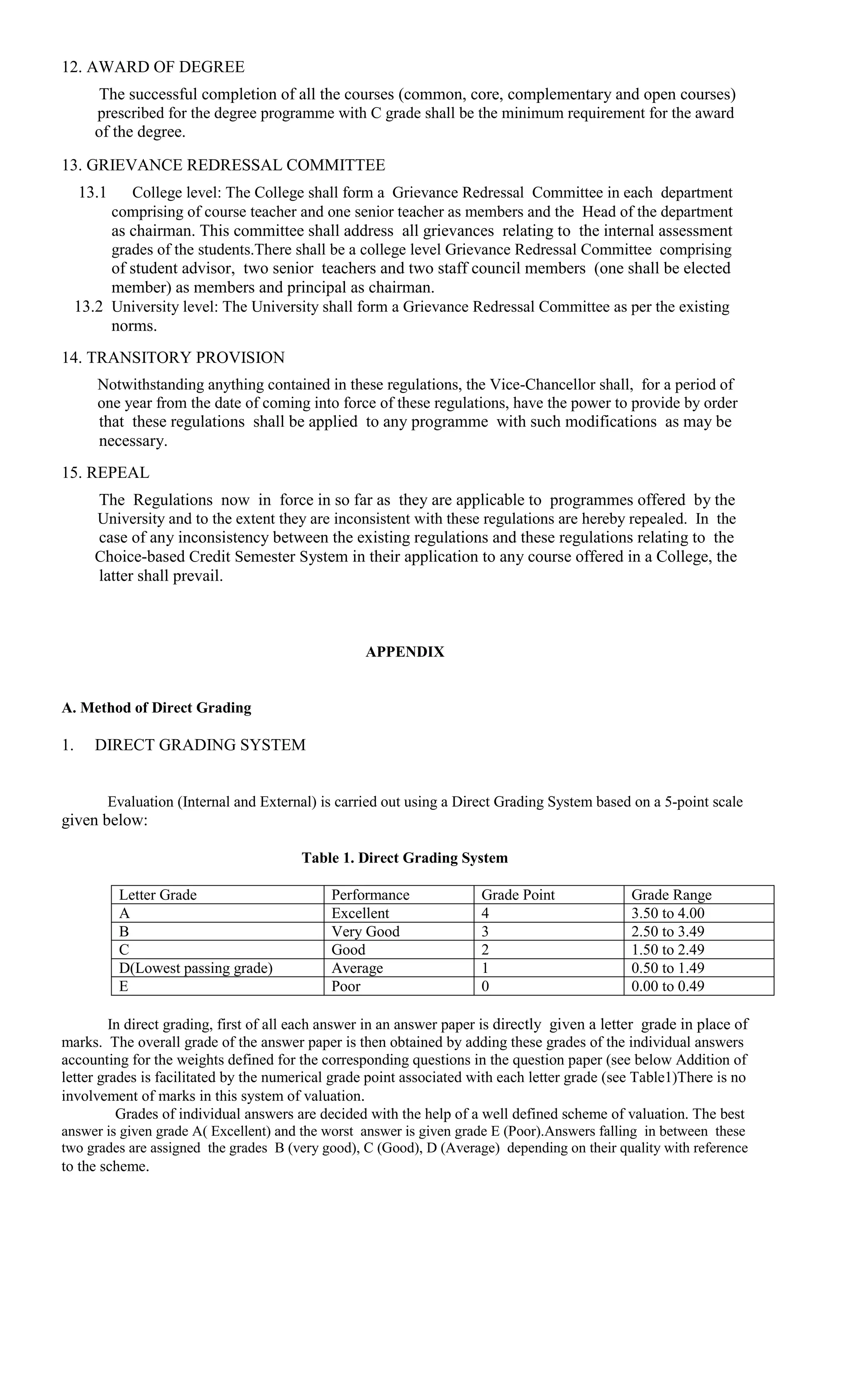 12. AWARD OF DEGREE
       The successful completion of all the courses (common, core, complementary and open courses)
       prescribed for the degree programme with C grade shall be the minimum requirement for the award
       of the degree.

13. GRIEVANCE REDRESSAL COMMITTEE
     13.1 College level: The College shall form a Grievance Redressal Committee in each department
       comprising of course teacher and one senior teacher as members and the Head of the department
       as chairman. This committee shall address all grievances relating to the internal assessment
       grades of the students.There shall be a college level Grievance Redressal Committee comprising
       of student advisor, two senior teachers and two staff council members (one shall be elected
       member) as members and principal as chairman.
  13.2 University level: The University shall form a Grievance Redressal Committee as per the existing
       norms.
14. TRANSITORY PROVISION
       Notwithstanding anything contained in these regulations, the Vice-Chancellor shall, for a period of
       one year from the date of coming into force of these regulations, have the power to provide by order
       that these regulations shall be applied to any programme with such modifications as may be
       necessary.
15. REPEAL
       The Regulations now in force in so far as they are applicable to programmes offered by the
       University and to the extent they are inconsistent with these regulations are hereby repealed. In the
       case of any inconsistency between the existing regulations and these regulations relating to the
       Choice-based Credit Semester System in their application to any course offered in a College, the
       latter shall prevail.



                                                      APPENDIX


A. Method of Direct Grading

1.     DIRECT GRADING SYSTEM


            Evaluation (Internal and External) is carried out using a Direct Grading System based on a 5-point scale
given below:

                                           Table 1. Direct Grading System

             Letter Grade                       Performance              Grade Point             Grade Range
             A                                  Excellent                4                       3.50 to 4.00
             B                                  Very Good                3                       2.50 to 3.49
             C                                  Good                     2                       1.50 to 2.49
             D(Lowest passing grade)            Average                  1                       0.50 to 1.49
             E                                  Poor                     0                       0.00 to 0.49

         In direct grading, first of all each answer in an answer paper is directly given a letter grade in place of
marks. The overall grade of the answer paper is then obtained by adding these grades of the individual answers
accounting for the weights defined for the corresponding questions in the question paper (see below Addition of
letter grades is facilitated by the numerical grade point associated with each letter grade (see Table1)There is no
involvement of marks in this system of valuation.
          Grades of individual answers are decided with the help of a well defined scheme of valuation. The best
answer is given grade A( Excellent) and the worst answer is given grade E (Poor).Answers falling in between these
two grades are assigned the grades B (very good), C (Good), D (Average) depending on their quality with reference
to the scheme.
 