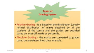 • Relative Grading - It is based on the distribution (usually
normal distribution) of marks obtained by all the
students of the course and the grades are awarded
based on a cut-off marks or percentile.
• Absolute Grading - the marks are converted to grades
based on pre-determined class intervals.
Types of
Grading System
10/29/2020
Prof Amita Pandey Bhardwaj, SLBNSU, (Central University), N.
Delhi
16
 