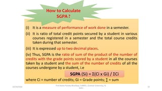 (i) It is a measure of performance of work done in a semester.
(ii) It is ratio of total credit points secured by a student in various
courses registered in a semester and the total course credits
taken during that semester.
(iii) It is expressed up to two decimal places.
(iv) Thus, SGPA is the ratio of sum of the product of the number of
credits with the grade points scored by a student in all the courses
taken by a student and the sum of the number of credits of all the
courses undergone by a student, i.e
where Ci = number of credits; Gi = Grade points; ∑ = sum
SGPA (Si) = Σ(Ci x Gi) / ΣCi
How to Calculate
SGPA ?
10/29/2020
Prof Amita Pandey Bhardwaj, SLBNSU, (Central University), N.
Delhi
19
 