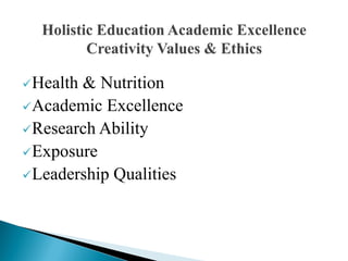 Health & Nutrition
Academic Excellence
Research Ability
Exposure
Leadership Qualities
 