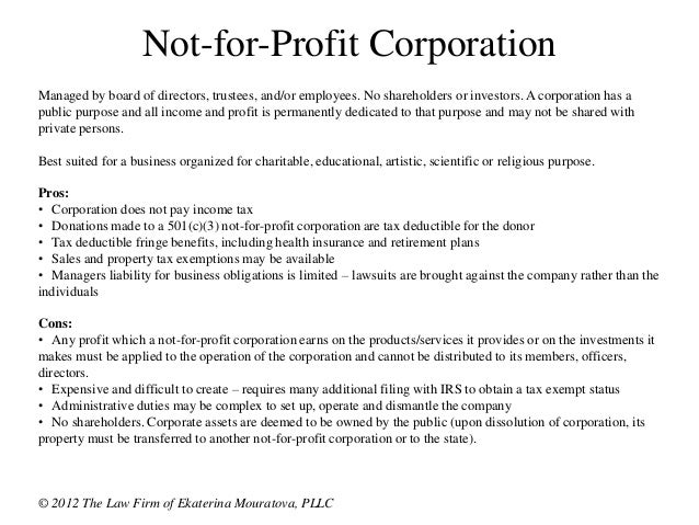 Pros & Cons of available legal structures for business entities - New York Not For Profit Corporation Law