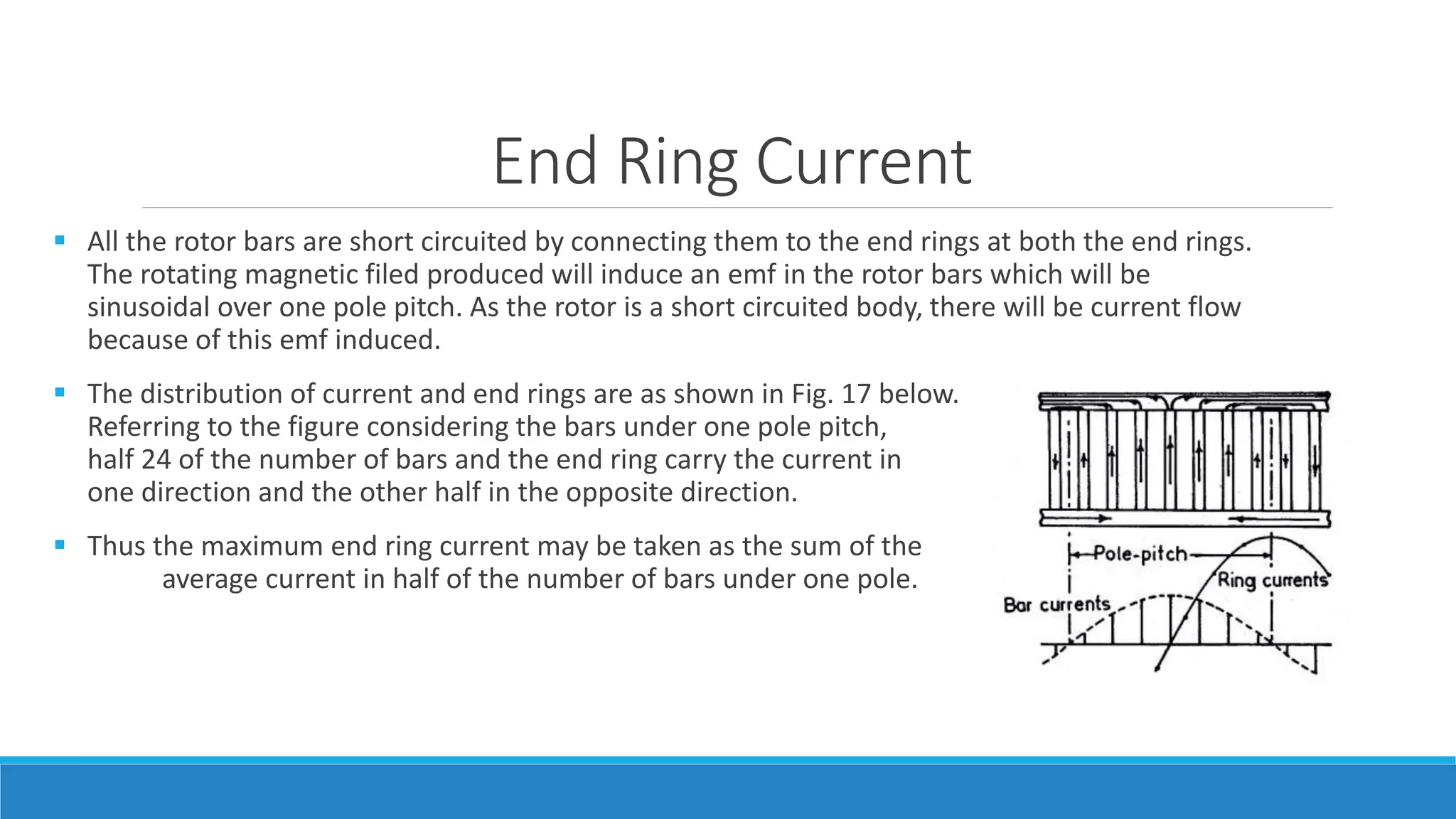 End Ring Current
 All the rotor bars are short circuited by connecting them to the end rings at both the end rings.
The rotating magnetic filed produced will induce an emf in the rotor bars which will be
sinusoidal over one pole pitch. As the rotor is a short circuited body, there will be current flow
because of this emf induced.
 The distribution of current and end rings are as shown in Fig. 17 below.
Referring to the figure considering the bars under one pole pitch,
half 24 of the number of bars and the end ring carry the current in
one direction and the other half in the opposite direction.
 Thus the maximum end ring current may be taken as the sum of the
average current in half of the number of bars under one pole.
 