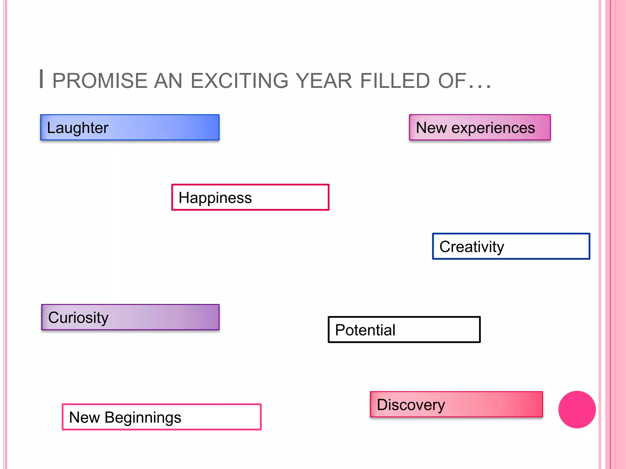 I PROMISE AN EXCITING YEAR FILLED OF…
Laughter                                New experiences



                Happiness


                                          Creativity



Curiosity
                            Potential



                                  Discovery
   New Beginnings
 