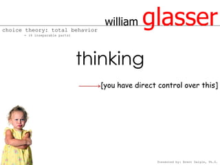 choice theory: total behavior
      = (4 inseparable parts)
                                   william    glasser
                                thinking
                                  [you have direct control over this]




                                                  Presented by: Brent Daigle, Ph.D.
 
