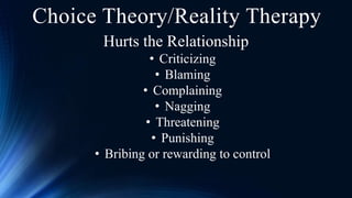 Hurts the Relationship
• Criticizing
• Blaming
• Complaining
• Nagging
• Threatening
• Punishing
• Bribing or rewarding to control
Choice Theory/Reality Therapy
 
