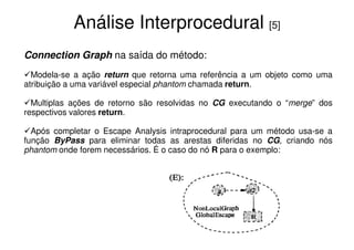 Análise Interprocedural [5]
Connection Graph na saída do método:
  Modela-se a ação return que retorna uma referência a um objeto como uma
atribuição a uma variável especial phantom chamada return.

  Multiplas ações de retorno são resolvidas no CG executando o “merge” dos
respectivos valores return.

  Após completar o Escape Analysis intraprocedural para um método usa-se a
função ByPass para eliminar todas as arestas diferidas no CG, criando nós
phantom onde forem necessários. É o caso do nó R para o exemplo:
 