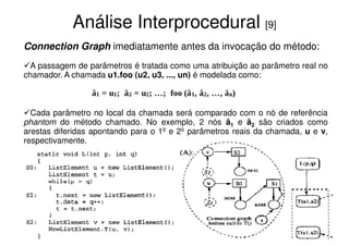 Análise Interprocedural [9]
Connection Graph imediatamente antes da invocação do método:
  A passagem de parâmetros é tratada como uma atribuição ao parâmetro real no
chamador. A chamada u1.foo (u2, u3, ..., un) é modelada como:



  Cada parâmetro no local da chamada será comparado com o nó de referência
phantom do método chamado. No exemplo, 2 nós â1 e â2 são criados como
arestas diferidas apontando para o 1º e 2º parâmetros reais da chamada, u e v,
respectivamente.
 
