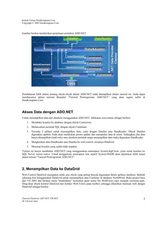 Kuliah Umum IlmuKomputer.Com
Copyright © 2003 IlmuKomputer.Com



Gambar berikut memberikan penjelasan arsitektur ADO.NET:




Pembahasan lebih dalam tentang obyek-obyek dalam ADO.NET tidak ditampilkan dalam tutorial ini. Anda dapat
membacanya dalam tutorial Berjudul “Tutorial Pemrograman ADO.NET“ yang akan segera terbit di
IlmuKomputer.Com.



Akses Data dengan ADO.NET
Untuk menampilkan data dari database menggunakan ADO.NET dilakukan urut-urutan sebagai berikut:
    1.   Membuka koneksi ke database dengan obyek Connection.
    2.   Melancarkan perintah SQL dengan obyek Command.
    3.   Tersedia 2 pilihan untuk menampilkan data, yaitu dengan DataSet atau DataReader. Obyek DataSet
         digunakan apabila Anda akan melakukan proses update dan manipulasi data di client. Sedangkan jika data
         hanya ditampilkan (read only) atau eksekusi perintah tanpa menampilkan data maka digunakan DataReader.
    4.   Mengkaitkan data DataReader atau DataSet ke web control, misalnya DataGrid.
    5.   Menutup koneksi yang sudah tidak terpakai.
Tulisan ini hanya membahas ADO.NET yang menggunakan namespace System.SqlClient, yaitu untuk koneksi ke
SQL Server secara native. Untuk penggunaan namespace lain seperti System.OleDB akan dijelaskan lebih lanjut
dalam tulisan “Tutorial Pemrograman ADO.NET”.



2. Menampilkan Data ke DataGrid
Web Control DataGrid merupakan salah satu obyek yang paling banyak digunakan dalam aplikasi database. Baiklah
sekarang kita menggunakan DataGrid untuk menampilkan data Customer di database NorthWind. Buka project baru
dari VS 2003 dan berikan nama “tesdatabase” kemudian ganti nama file WebForm1.aspx menjadi customer.aspx.
Drag-drop obyek kontrol DataGrid dari koleksi Web Forms pada toolbox sehingga dihasilkan halaman web dengan
DataGrid sebagai berikut:



Tutorial Database ASP.NET/ VB.NET                                                                            2
M. Choirul Amri
 