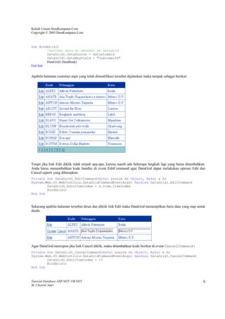 Kuliah Umum IlmuKomputer.Com
Copyright © 2003 IlmuKomputer.Com



Sub BindGrid()
        'kaitkan data di dataset ke datagrid
        DataGrid1.DataSource = dsCustomers
        DataGrid1.DataKeyField = "CustomerID"
        DataGrid1.DataBind()
End Sub


Apabila halaman customer.aspx yang telah dimodifikasi tersebut dijalankan maka tampak sebagai berikut:




Tetapi jika link Edit diklik tidak terjadi apa-apa, karena masih ada beberapa langkah lagi yang harus ditambahkan.
Anda harus menambahkan kode handler di event EditCommand agar DataGrid dapat melakukan operasi Edit dan
Cancel seperti yang diharapkan.
Private Sub DataGrid1_EditCommand(ByVal source As Object, ByVal e As
System.Web.UI.WebControls.DataGridCommandEventArgs) Handles DataGrid1.EditCommand
        DataGrid1.EditItemIndex = e.Item.ItemIndex
        BindGrid()
End Sub


Sekarang apabila halaman tersebut dirun dan diklik link Edit maka DataGrid menampilkan baris data yang siap untuk
diedit.




Agar DataGrid merespon jika link Cancel diklik, maka ditambahkan kode berikut di event CancelCommand:
Private Sub DataGrid1_CancelCommand(ByVal source As Object, ByVal e As
System.Web.UI.WebControls.DataGridCommandEventArgs) Handles DataGrid1.CancelCommand
        DataGrid1.EditItemIndex = -1
        BindGrid()
End Sub



Tutorial Database ASP.NET/ VB.NET                                                                               9
M. Choirul Amri
 