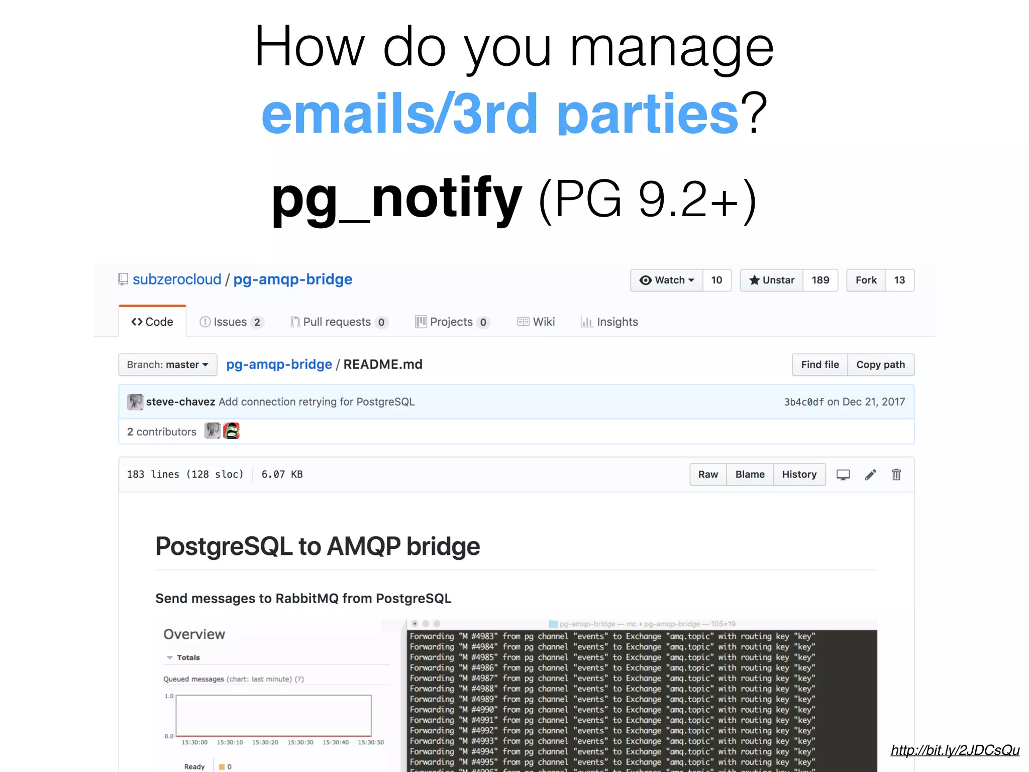 How do you manage
emails/3rd parties?
pg_notify (PG 9.2+)
http://bit.ly/2JDCsQu
 