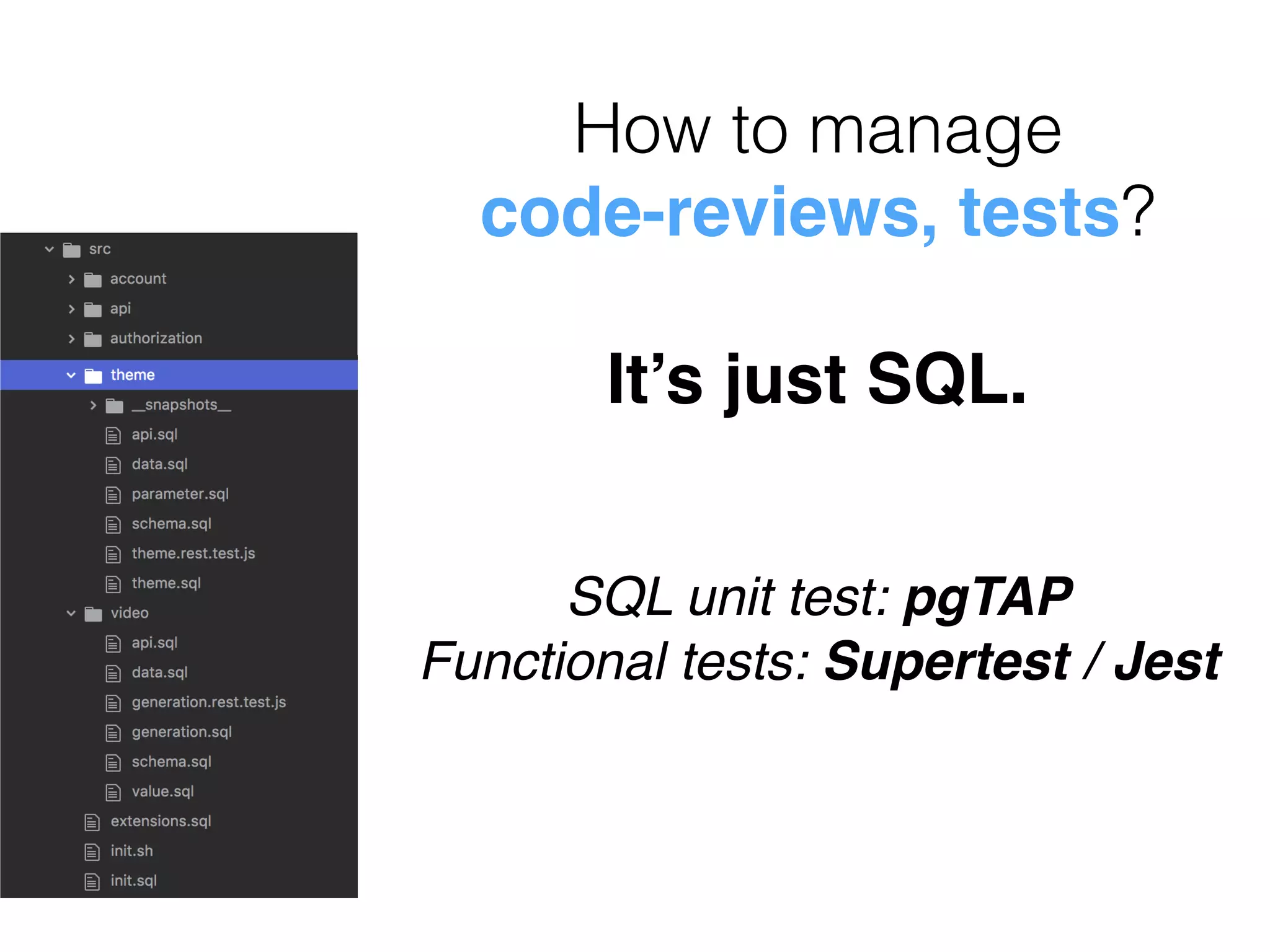 How to manage
code-reviews, tests?
It’s just SQL.
SQL unit test: pgTAP
Functional tests: Supertest / Jest
 