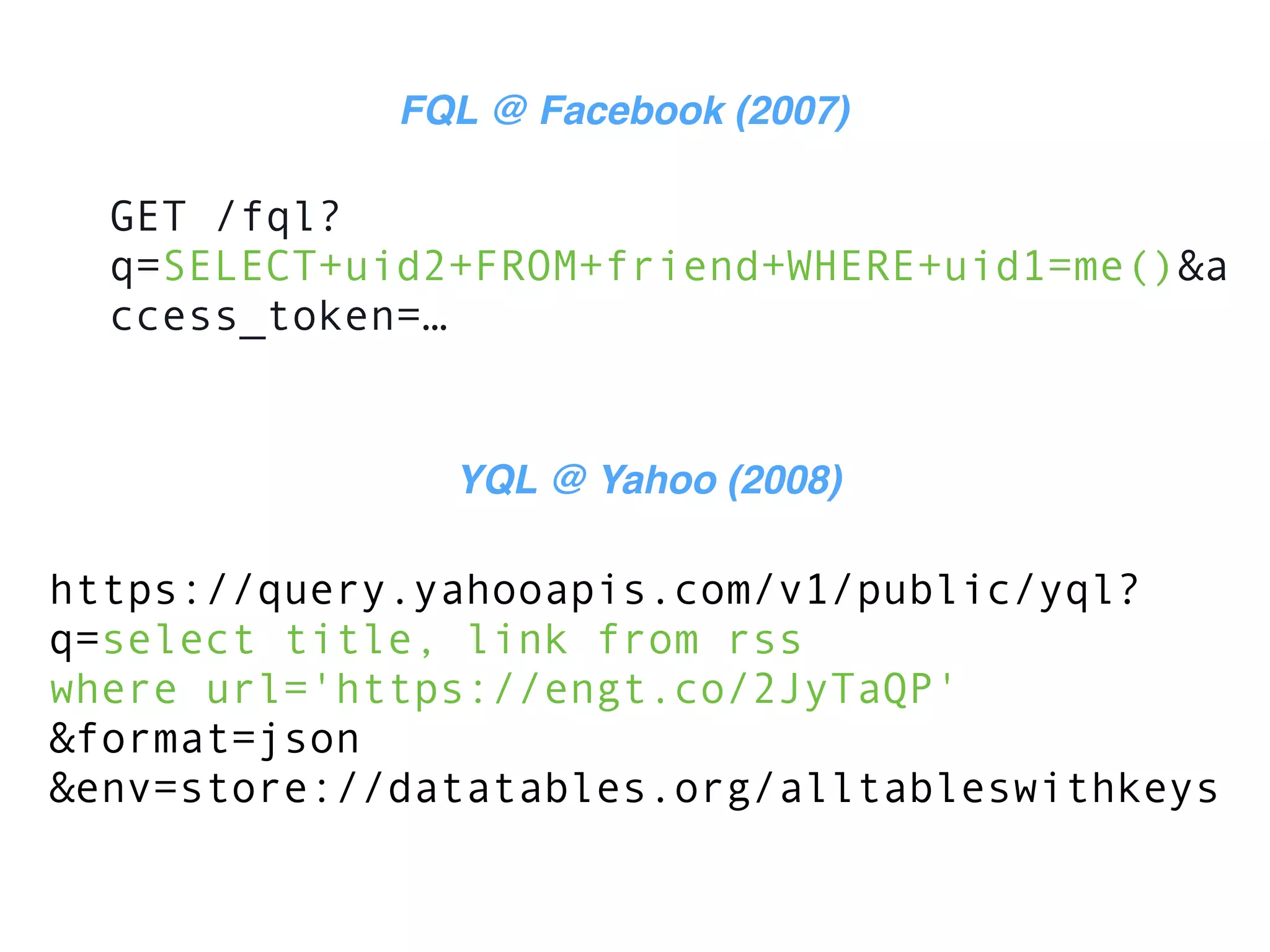 GET /fql?
q=SELECT+uid2+FROM+friend+WHERE+uid1=me()&a
ccess_token=…
FQL @ Facebook (2007)
https://query.yahooapis.com/v1/public/yql?
q=select title, link from rss
where url='https://engt.co/2JyTaQP'
&format=json
&env=store://datatables.org/alltableswithkeys
YQL @ Yahoo (2008)
 