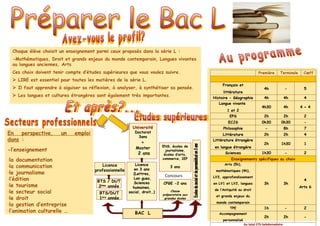 Chaque élève choisit un enseignement parmi ceux proposés dans la série L :
-Mathématiques, Droit et grands enjeux du monde contemporain, Langues vivantes
ou langues anciennes, Arts
Ces choix doivent tenir compte d’études supérieures que vous voulez suivre.
 LIRE est essentiel pour toutes les matières de la série L.
 Il faut apprendre à aiguiser sa réflexion, à analyser, à synthétiser sa pensée.
 Les langues et cultures étrangères sont également très importantes.
Concours
BAC L
ENS, écoles de
journalisme,
écoles d’arts,
commerce, IEP
3 ans
BTS/DUT
1ère
année
Université
Doctorat
3ans
+
Master
2 ans
Licence
en 3 ans
(Lettres,
Lan gues,
Sciences
humaines,
social, droit…)
Licence
professionnelle
BTS / DUT
2ème
année
CPGE -2 ans
Classe
préparatoire aux
grandes écoles
En perspective, un emploi
dans :
-l’enseignement
-la documentation
-la communication
-le journalisme
-l’édition
-le tourisme
-le secteur social
-le droit
-la gestion d’entreprise
-l’animation culturelle …
Première Terminale Cœff
Français et
littérature
4h - 5
Histoire - Géographie 4h 4h 4
Langue vivante
1 et 2
4h30 4h 4 + 4
EPS 2h 2h 2
ECJS 0h30 0h30 -
Philosophie - 8h 7
Littérature 2h 2h 4
Littérature étrangère
en langue étrangère
2h 1h30 1
Sciences 1h30 - 2
Enseignements spécifiques au choix
Arts (5h),
mathématiques (4h),
LV3, approfondissement
en LV1 et LV2, langues
de l’Antiquité ou droit
et grands enjeux du
monde contemporain
3h 3h
4
Arts 6
TPE 1h - 2
Accompagnement
personnalisé
2h 2h -
Au total 27h hebdomadaire
 