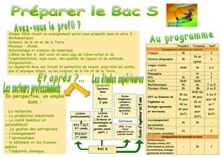 Chaque élève choisit un enseignement parmi ceux proposés dans la série S :
Mathématiques
Sciences de la vie et de la Terre
Physique – Chimie
Informatique et sciences du numérique
L’élève du Bac S, doit avoir un sens aigu de l’observation et de
l’expérimentation, mais aussi, des qualités de rigueur et de méthode,
d’organisation…
La régularité dans son travail lui permettra de réussir aussi bien les maths,
que la physique chimie, ou les sciences de la Vie et de la Terre…
En perspective, un emploi
dans :
- La recherche
- La production industrielle
- La santé (médical et
paramédical)
- La gestion des entreprises
- L’enseignement
- l'aéronautique
- le bâtiment et les travaux
publics
- l'industrie chimique...
Concours
BAC S
Écoles
d’ingénieurs,
commerce,
gestion,
vétérinaire,
agronomie…
3 ans
BTS/DUT
1ère
année
Université
Doctorat
3ans
+
Master
2 ans
Licence
en 3 ans
( Sciences et
technologies,éc
onomie
gestion,santé,
sport…)
Licence
professionnelle
BTS / DUT
2ème
année
CPGE -2 ans
Classe
préparatoire aux
grandes écoles
Première Terminale Cœff.
Enseignements obligatoires communs
Français 4h - 4
Histoire Géographie 4h
2h en
option
3
Langue vivante
1 et 2
4h30 4h 3+2
Philosophie - 3h 3
EPS 2h 2h 2
ECJS 0h30 0h30 -
Mathématiques 4h 6h 7 ou 9
Physique Chimie 3h 5h 6 ou 8
SVT ou Sciences de
l’ingénieur ou
Ecologie agronomie
et territoires
3h (ou
7h pour
SI ou
6h pour
EAT)
3h30 (ou
8h pour
SI ou
5h30
pour
EAT)
6 (ou 9
pour SI
ou 7
pour
EAT)
Accompagnement
personnalisé
2h 2h -
TPE (travaux
personnels encadrés)
1h - 2
Enseignements de spécialité au choix
Mathématiques,
Physique chimie, SVT,
Informatique et sciences
du numérique, écologie
agronomie et territoires
- 2h 2
 