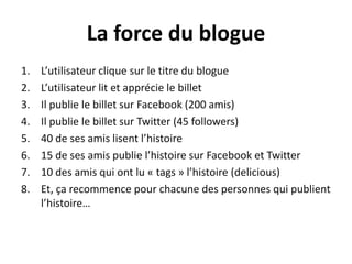 La force du blogueL’utilisateur clique sur le titre du blogueL’utilisateur lit et apprécie le billetIl publie le billet sur Facebook (200 amis)Il publie le billet sur Twitter (45 followers)40 de ses amis lisent l’histoire15 de ses amis publie l’histoire sur Facebook et Twitter10 des amis qui ont lu « tags » l’histoire (delicious)Et, ça recommence pour chacune des personnes qui publient l’histoire…