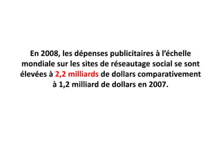 En 2008, les dépenses publicitaires à l’échelle mondiale sur les sites de réseautage social se sont élevées à 2,2 milliards de dollars comparativement à 1,2 milliard de dollars en 2007.