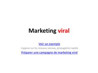 Marketing viralVoir un exemples’appuiesur les réseauxsociaux, propagation rapidePréparerunecampagne de marketing viral