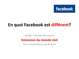 En quoi Facebookest différent?Valider l’identité des autres Extension du monde réelOn y trouve beaucoup de gens