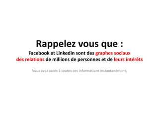 Rappelez vous que : Facebook et Linkedin sont des graphes sociaux des relations de millions de personnes et de leurs intérêtsVousavezaccès à toutescesinformationsinstantanément.