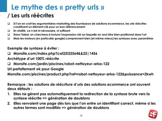 Le mythe des « pretty urls » 
/ Les urls réécrites 
 Si l’on en croit les argumentaires marketing des fournisseurs de solutions ecommerce, les urls réécrites 
constituent un élément clé pour un bon référencement 
 En réalité, ce n’est ni nécessaire, ni suffisant 
 Dans l’idéal, on cherchera à inclure l’expression clé sur laquelle on veut être bien positionné dans l’url 
 Mais les moteurs (en particulier google) comprennent bien (et même mieux) les syntaxes avec paramètres 
Exemple de syntaxe à éviter : 
 Monsite.com/index.php?cat22!22564&&22|1456 
Archétype d’url 100% réécrite 
 Monsite.com/jardin/piscines/robot-nettoyeur-arka-122 
Url parfaitement ok pour Google 
Monsite.com/piscines/product.php?ref=robot-nettoyeur-arka-122&puissance=2kwh 
Remarque : les solutions de réécriture d’urls des solutions ecommerce ont souvent 
deux défauts : 
1. Elles ne gèrent pas automatiquement la redirection de la syntaxe brute vers la 
syntaxe réécrite => génération de doublons 
2. Elles renvoient une page dès lors que l’on entre un identifiant correct, même si les 
autres termes sont modifiés => génération de doublons 
15 
 