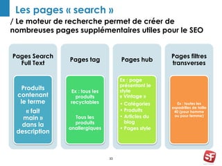 Les pages « search » 
/ Le moteur de recherche permet de créer de 
nombreuses pages supplémentaires utiles pour le SEO 
33 
Pages Search 
Full Text 
Produits 
contenant 
le terme 
« fait 
main » 
dans la 
description 
Pages tag 
Ex : tous les 
produits 
recyclables 
Tous les 
produits 
anallergiques 
Pages hub 
Ex : page 
présentant le 
style 
« Vintage » 
• Catégories 
• Produits 
• Articles du 
blog 
• Pages style 
Pages filtres 
transverses 
Ex : toutes les 
espadrilles de taille 
40 (pour homme 
ou pour femme) 
 