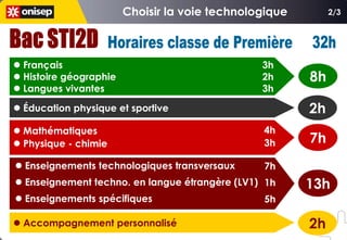 2/3




 Français                                      3h
 Histoire géographie                           2h    8h
 Langues vivantes                              3h
 Éducation physique et sportive                      2h
 Mathématiques                                 4h
 Physique - chimie                             3h    7h
 Enseignements technologiques transversaux     7h
 Enseignement techno. en langue étrangère (LV1) 1h   13h
 Enseignements spécifiques                     5h

 Accompagnement personnalisé                         2h
 