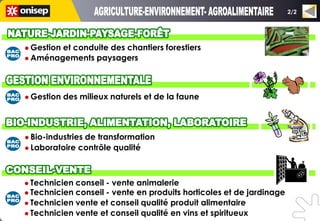 2/2




 Gestion
        et conduite des chantiers forestiers
 Aménagements paysagers




 Gestion   des milieux naturels et de la faune



 Bio-industries
               de transformation
 Laboratoire contrôle qualité




 Technicien conseil - vente animalerie
 Technicien conseil - vente en produits horticoles et de jardinage
 Technicien vente et conseil qualité produit alimentaire
 Technicien vente et conseil qualité en vins et spiritueux
 