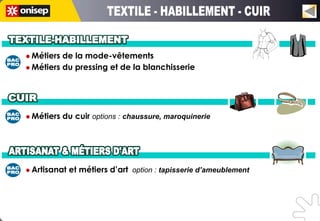  Métiers de la mode-vêtements
 Métiers du pressing et de la blanchisserie




 Métiers   du cuir options : chaussure, maroquinerie




 Artisanat   et métiers d’art option : tapisserie d’ameublement
 
