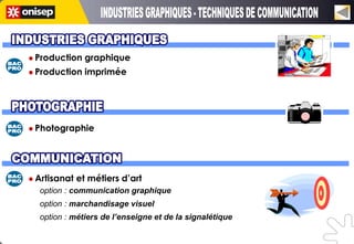  Production    graphique
 Production    imprimée




 Photographie




 Artisanat   et métiers d’art
  option : communication graphique
  option : marchandisage visuel
  option : métiers de l’enseigne et de la signalétique
 