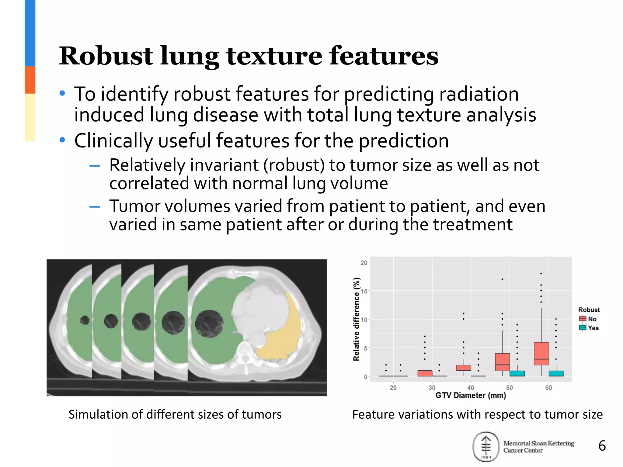 Robust lung texture features
• To identify robust features for predicting radiation
induced lung disease with total lung texture analysis
• Clinically useful features for the prediction
– Relatively invariant (robust) to tumor size as well as not
correlated with normal lung volume
– Tumor volumes varied from patient to patient, and even
varied in same patient after or during the treatment
Feature variations with respect to tumor sizeSimulation of different sizes of tumors
6
 