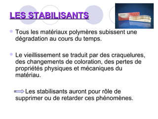 LES STABILISANTSLES STABILISANTS
 Tous les matériaux polymères subissent une
dégradation au cours du temps.
 Le vieillissement se traduit par des craquelures,
des changements de coloration, des pertes de
propriétés physiques et mécaniques du
matériau.
Les stabilisants auront pour rôle de
supprimer ou de retarder ces phénomènes.
 