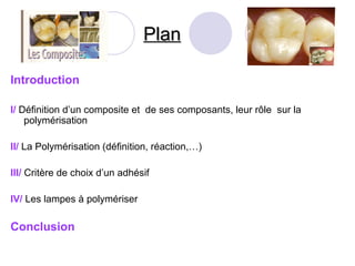 PlanPlan
Introduction
I/ Définition d’un composite et de ses composants, leur rôle sur la
polymérisation
II/ La Polymérisation (définition, réaction,…)
III/ Critère de choix d’un adhésif
IV/ Les lampes à polymériser
Conclusion
 