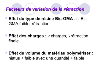 Facteurs de variation de la rétractionFacteurs de variation de la rétraction
Effet du type de résine Bis-GMA : si Bis-
GMA faible, rétraction
Effet des charges : charges, rétraction
finale
Effet du volume du matériau polymériser :
hiatus + faible avec une quantité + faible
 