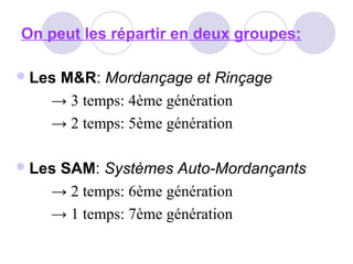 On peut les répartir en deux groupes:
Les M&R: Mordançage et Rinçage
→ 3 temps: 4ème génération
→ 2 temps: 5ème génération
Les SAM: Systèmes Auto-Mordançants
→ 2 temps: 6ème génération
→ 1 temps: 7ème génération
 
