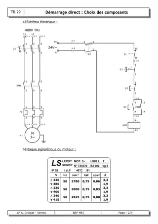 TD.29                                Démarrage direct : Choix des composants

                a) Schéma électrique :

                 400V TRI
                L1      L2
                L3 X1.1   X1.2    X1.3

                                                     X1.7
                                             Ph             3        4
                  1        3      5

    Q1                                    24V~       X1.8                               95
                                                            1        2
                  2        4      6          N
                                                                Q2               F1
                                                                                        96
                                                                                        X2.1




                                                                            S3

                                                                                        2


                  1        3      5
                                                                                        1
         KM1
                                                                                  S2
                  2        4      6
                                                                                        2

                                                                                        X2.2

                                                                                        3      13

                  1        3      5                                              S1     KM1

           F1                                                                           4      14
                                                                                        X2.3
                  2        4      6
                                                                                        A1
                   X1.4    X1.5   X1.6
                                                                             KM1

                                                                                        A2
                           M
           M1
                          3~


                b) Plaque signalétique du moteur :




         LP A. Croizat - Tarnos                       BEP MEI              Page : 2/9
B
 