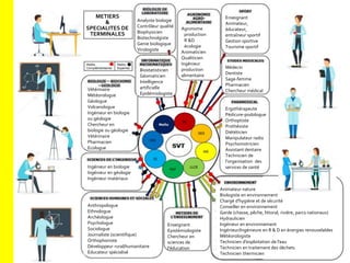 Anthropologue
Ethnologue
Archéologue
Psychologue
Sociologue
Journaliste (scientifique)
Orthophoniste
Développeur rural/humanitaire
Educateur spécialisé
Ingénieur en biologie
Ingénieur en géologie
Ingénieur matériaux
Ergothérapeute
Pédicure-podologue
Orthoptiste
Prothésiste
Diététicien
Manipulateur radio
Psychomotricien
Assistant dentaire
Technicien de
l’organisation des
services de santé
Médecin
Dentiste
Sage-femme
Pharmacien
Chercheur médical
Animateur nature
Biologiste en environnement
Chargé d'hygiène et de sécurité
Conseiller en environnement
Garde (chasse, pêche, littoral, rivière, parcs nationaux)
Hydraulicien
Ingénieur en environnement
Ingénieur/Ingénieure en R & D en énergies renouvelables
Météorologiste
Technicien d'exploitation de l'eau
Technicien en traitement des déchets
Technicien thermicien
Agronome
production
R &D
écologie
Aromaticien
Qualiticien
Ingénieur
production
alimentaire
Enseignant
Epistémiologiste
Chercheur en
sciences de
l’éducation
Vétérinaire
Météorologue
Géologue
Volcanologue
Ingénieur en biologie
ou géologie
Chercheur en
biologie ou géologie
Vétérinaire
Pharmacien
Ecologue
Biostatisticien
Géomaticien
Intelligence
artificielle
Epidémiologiste
Enseignant
Animateur,
éducateur,
entraîneur sportif
Gestion sportive
Tourisme sportif
Analyste biologie
Contrôleur qualité
Biophysicien
Biotechnolgiste
Genie biologique
Virologiste
METIERS
&
SPECIALITES DE
TERMINALES
 
