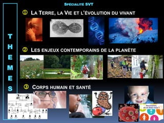 LA TERRE, LA VIE ET L’ÉVOLUTION DU VIVANT
 CORPS HUMAIN ET SANTÉ
 LES ENJEUX CONTEMPORAINS DE LA PLANÈTE
T
H
E
M
E
S
SPÉCIALITÉ SVT
 