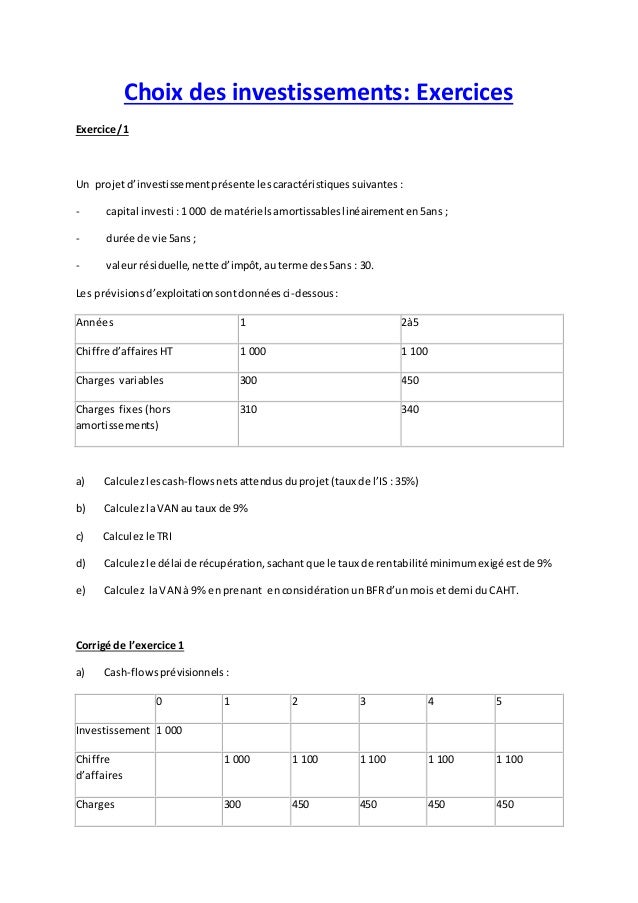 Choix Des Investissements Exercice Corrigé - 