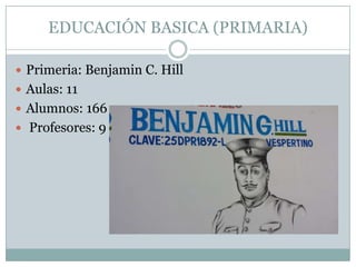 EDUCACIÓN BASICA (PRIMARIA)
 Primeria: Benjamin C. Hill
 Aulas: 11
 Alumnos: 166
 Profesores: 9
 