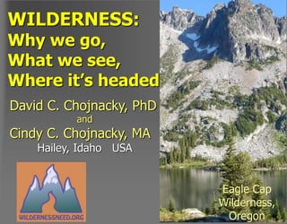 David C. Chojnacky, PhD
and
Cindy C. Chojnacky, MA
Hailey, Idaho USA
WILDERNESS:
Why we go,
What we see,
Where it’s headed
Eagle Cap
Wilderness,
Oregon
 