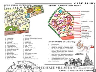 1
2 3
4
5
6
7 8 9
10
11
12
12
12
13
14
1516
17
18
19
20
21 22
23
24
25
26 27
24
28
29
30
24
24
24
24
3132
33
34
ZONING OF CHOKI DHANI VILLAGE:
1. Entrance Gate
2. Guard Room
3. Panwari Hut
4. Office Hut
5. Welcome Beat (Nagara)
6. Sangri Restaurant
7. Chaupar Restaurant
8. Soft Drink Counter (Jaljeera)
9. Rabbit Cage &Bird Cage
10. Jaisalmer Ki Dhani
11. Rath Khana
12. Resting kiosks
13. Kalbeliya Dance Stage
14. Dry Veg. Shop
15. Hut for Henna Wali
16. Magic show
17. Puppet Shows
18.Artisans village
19. Bioscope, Bird Astrologer, Astrologer
20. Museum
21.Village bazaar
22.Elephant ride
23. Open Air Theater
24. Stage for Dance
25. Studio
26. Maze (Bhul-Bhulaya)
27. Snake & Ladder
28. Boating Shed
29. Lake
30. Shiva Temple with bridge
31. Jungle Theme
32. Cave & Water Falls
33.National haat
34. Camel & Bullock Cart Rides
ZONING OF CHOKI DHANI ETHNIC RESORT:
Entrance gateway
Car parking
Waiting room
Security kiosk
Admin block
Lilly pool
temple
toilet
Conference hall
Reception hall
Restaurant & kitchen
Swimming pool
pool
bar
haveli
hut
• Cluster planning
• Functionally inter-related spaces were clubbed
together and segregated in a haphazard manner
• The entire theme of Rajasthan was depicted in
terms of jungle, lake side ,desert side etc..the
proximity of these spaces were a beautiful
amalgamation to the visitors
• Open spaces were rightly acknowledged with
right use of activities like merry-go-rounds ,
camel rides , chaat shops etc…
• Zoning enabled the visitors to view the whole
place (open planning)and explore
places of their interest.
ZONING ANALYSIS-Choki dhani village:
PEDESTRIAN
CIRCULATION
2
 