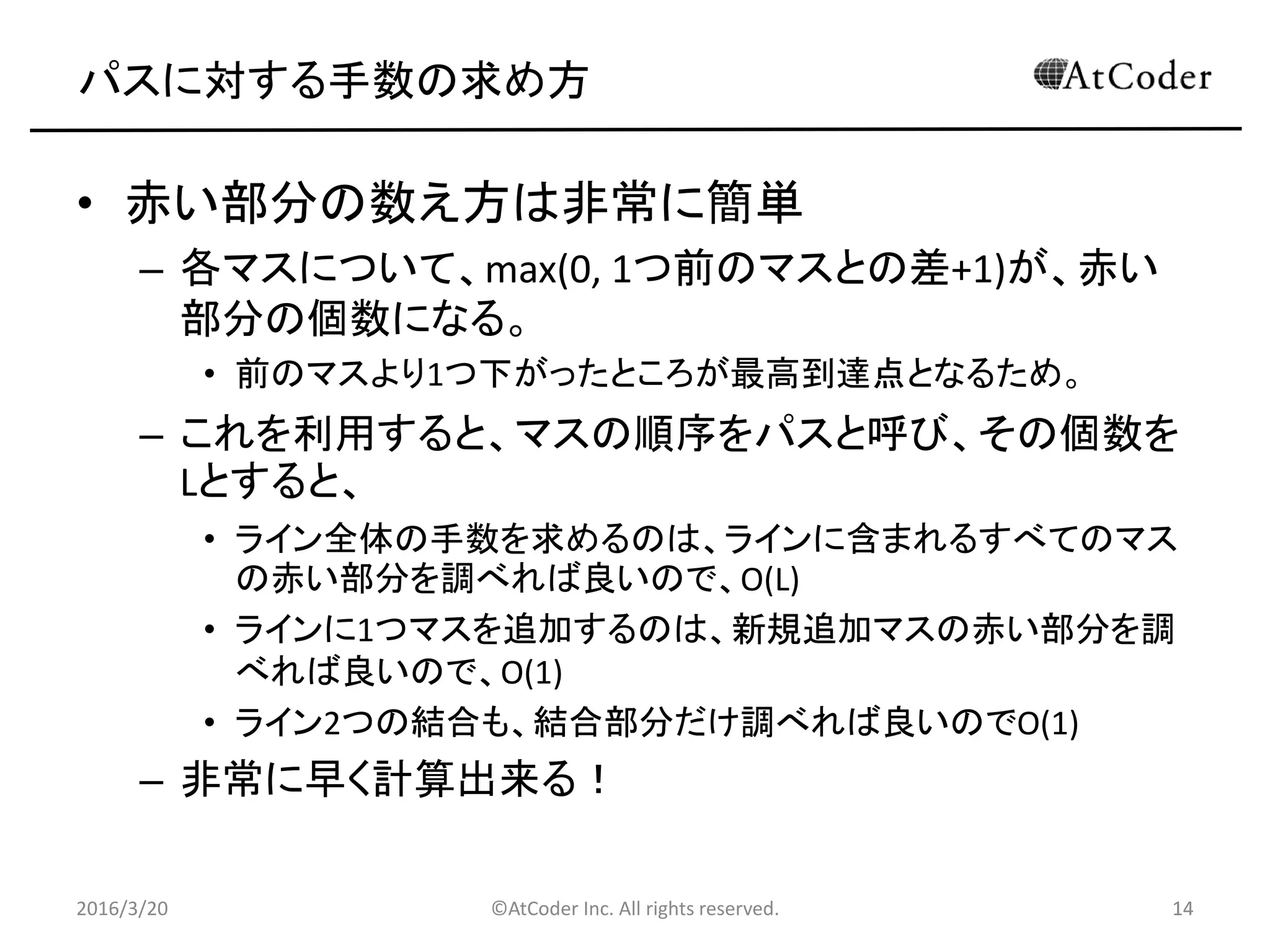©AtCoder Inc. All rights reserved. 14
パスに対する手数の求め方
• 赤い部分の数え方は非常に簡単
– 各マスについて、max(0, 1つ前のマスとの差+1)が、赤い
部分の個数になる。
• 前のマスより1つ下がったところが最高到達点となるため。
– これを利用すると、マスの順序をパスと呼び、その個数を
Lとすると、
• ライン全体の手数を求めるのは、ラインに含まれるすべてのマス
の赤い部分を調べれば良いので、O(L)
• ラインに1つマスを追加するのは、新規追加マスの赤い部分を調
べれば良いので、O(1)
• ライン2つの結合も、結合部分だけ調べれば良いのでO(1)
– 非常に早く計算出来る！
2016/3/20 14
 