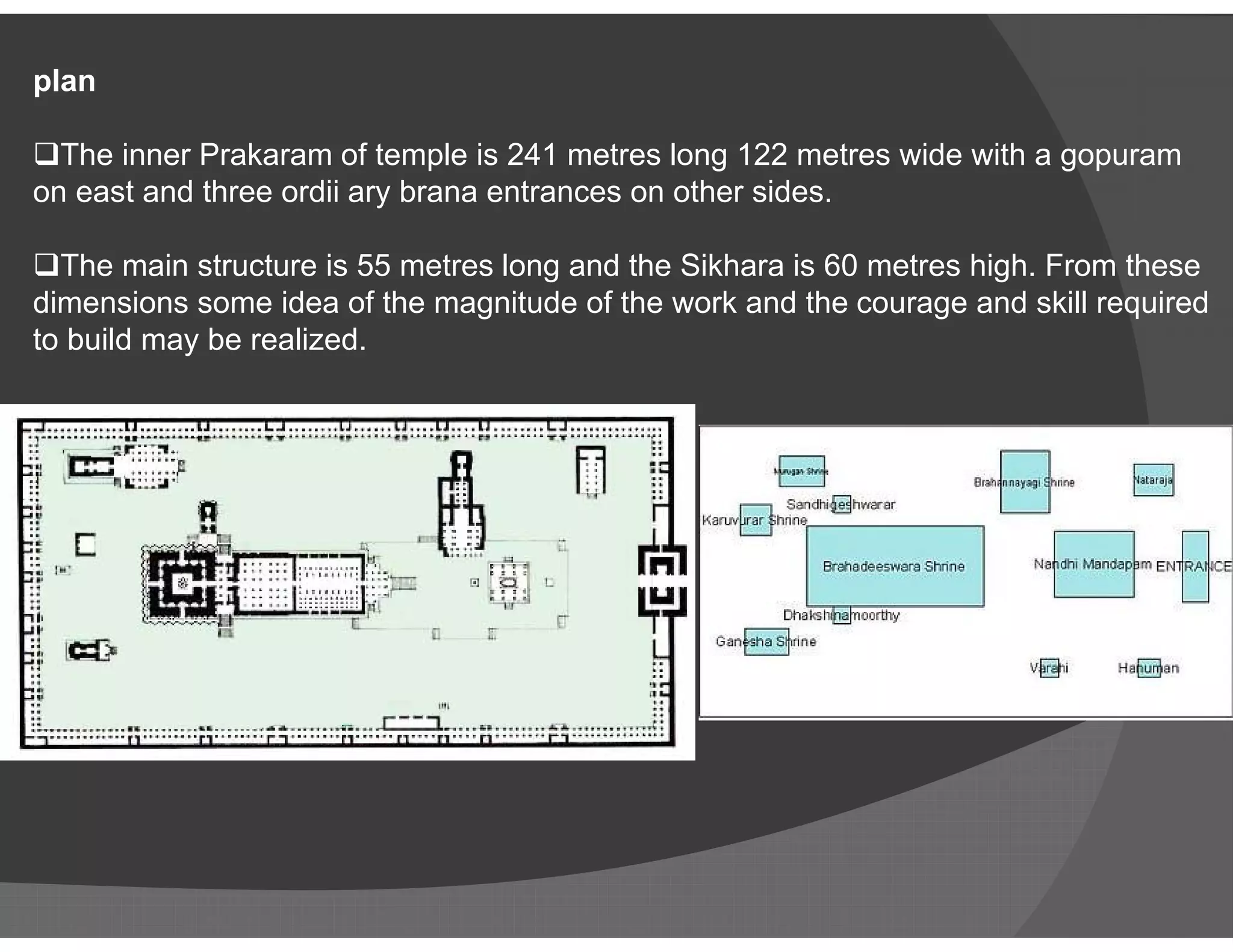 plan
The inner Prakaram of temple is 241 metres long 122 metres wide with a gopuram
on east and three ordii ary brana entrances on other sides.
The main structure is 55 metres long and the Sikhara is 60 metres high. From these
dimensions some idea of the magnitude of the work and the courage and skill required
to build may be realized.
 