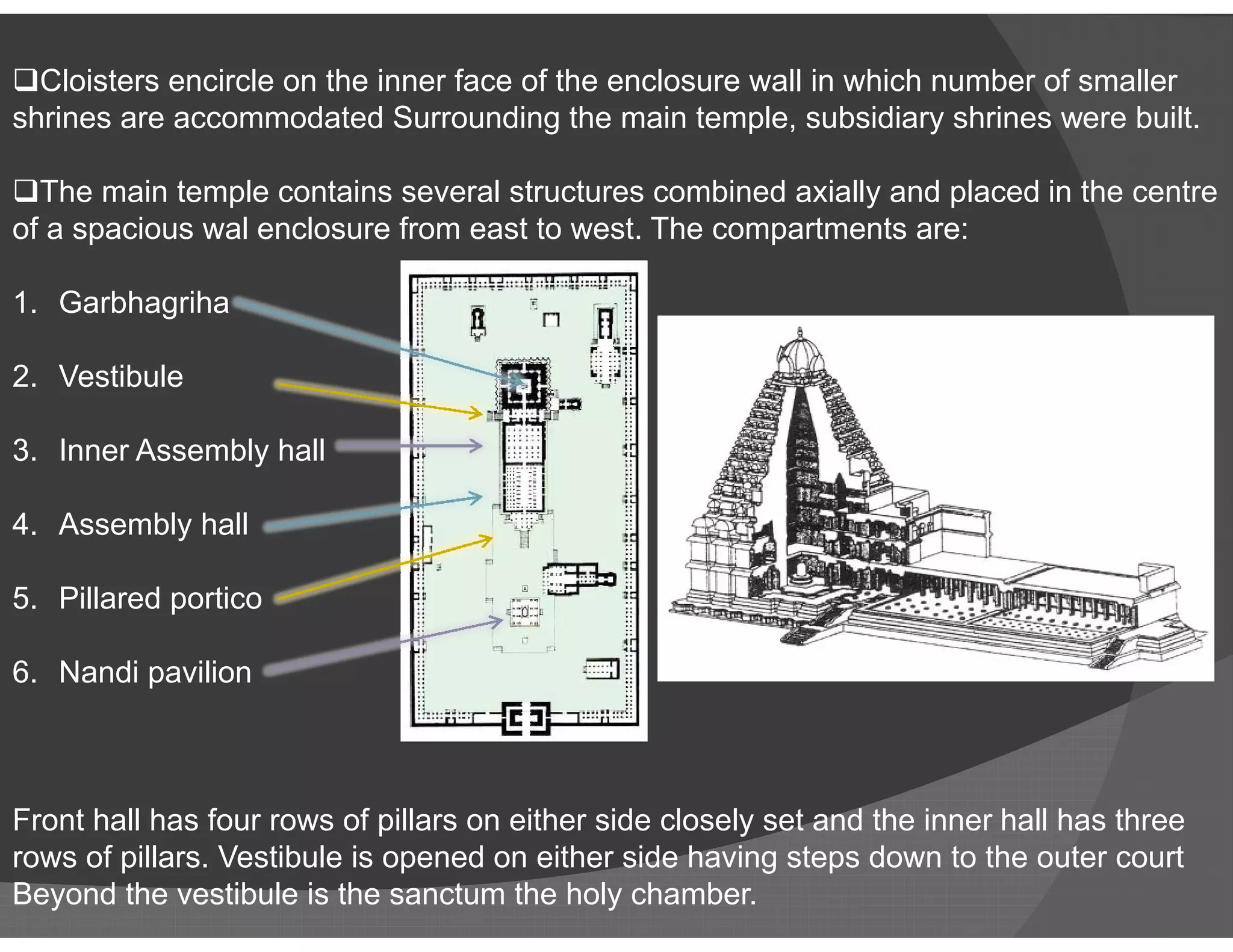 Cloisters encircle on the inner face of the enclosure wall in which number of smaller
shrines are accommodated Surrounding the main temple, subsidiary shrines were built.
The main temple contains several structures combined axially and placed in the centre
of a spacious wal enclosure from east to west. The compartments are:
1. Garbhagriha
2. Vestibule
3. Inner Assembly hall
4. Assembly hall
5. Pillared portico
6. Nandi pavilion
Front hall has four rows of pillars on either side closely set and the inner hall has three
rows of pillars. Vestibule is opened on either side having steps down to the outer court
Beyond the vestibule is the sanctum the holy chamber.
 