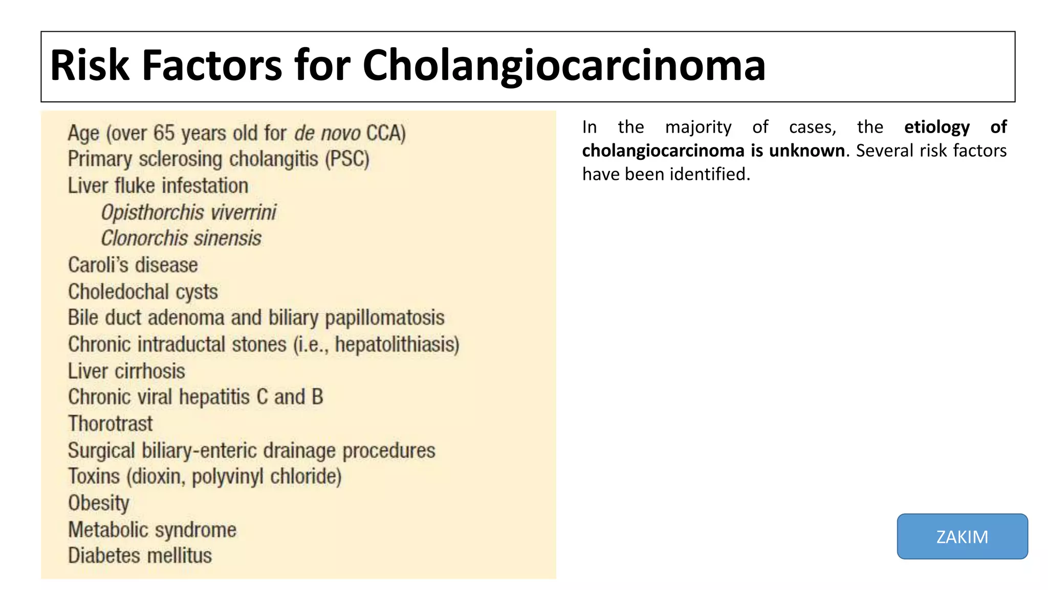 Risk Factors for Cholangiocarcinoma
In the majority of cases, the etiology of
cholangiocarcinoma is unknown. Several risk factors
have been identified.
ZAKIM
 