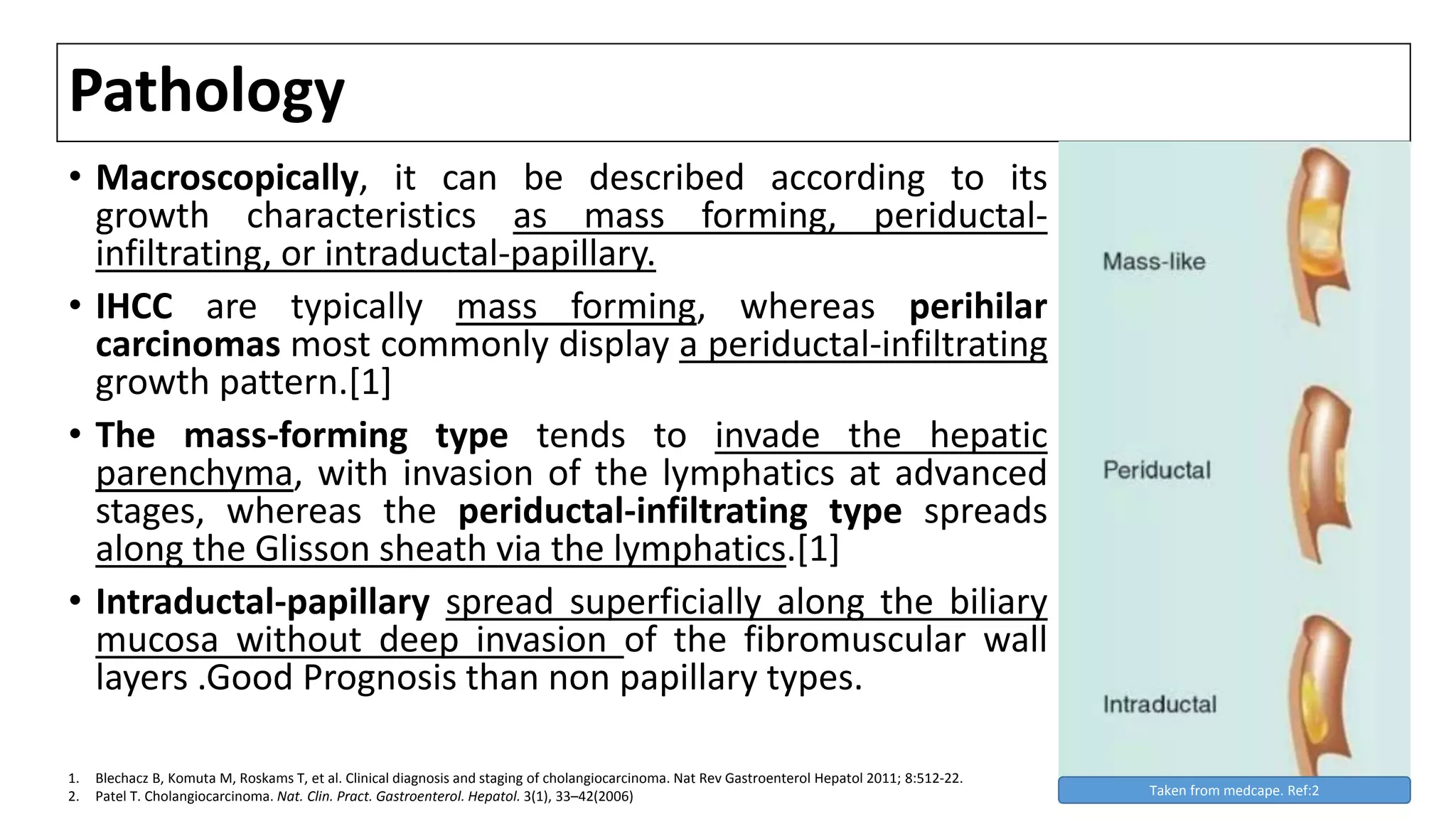 Pathology
• Macroscopically, it can be described according to its
growth characteristics as mass forming, periductal-
infiltrating, or intraductal-papillary.
• IHCC are typically mass forming, whereas perihilar
carcinomas most commonly display a periductal-infiltrating
growth pattern.[1]
• The mass-forming type tends to invade the hepatic
parenchyma, with invasion of the lymphatics at advanced
stages, whereas the periductal-infiltrating type spreads
along the Glisson sheath via the lymphatics.[1]
• Intraductal-papillary spread superficially along the biliary
mucosa without deep invasion of the fibromuscular wall
layers .Good Prognosis than non papillary types.
1. Blechacz B, Komuta M, Roskams T, et al. Clinical diagnosis and staging of cholangiocarcinoma. Nat Rev Gastroenterol Hepatol 2011; 8:512-22.
2. Patel T. Cholangiocarcinoma. Nat. Clin. Pract. Gastroenterol. Hepatol. 3(1), 33–42(2006) Taken from medcape. Ref:2
 