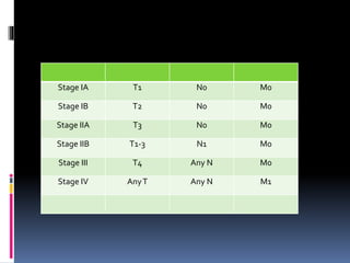 Stage IA T1 N0 M0
Stage IB T2 N0 M0
Stage IIA T3 N0 M0
Stage IIB T1-3 N1 M0
Stage III T4 Any N M0
Stage IV AnyT Any N M1
 