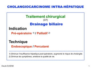 CHOLANGIOCARCINOME INTRA-HÉPATIQUE
Traitement chirurgical
(3/7)
Drainage biliaire
Indication
Pré-opératoire 1) / Palliatif...
