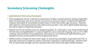 Secondary Sclerosing Cholangitis
• IgG4-Related Sclerosing Cholangitis
• Immunoglobulin G4-SC is bile duct involvement of IgG4- related systemic disease (IgG4-RD) .
After the pancreas, bile ducts are the second most common organ, involved with IgG4-RD.
Patients with IgG4-SC are predominantly males in their 60s (mean age, 63 years) . Patients
with IgG4-SC commonly present with obstructive jaundice. Like other IgG4-related diseases,
the serum IgG4 is frequently elevated.
• Abdominal US has limited value for diagnosing IgG4- SC, although it may show thickening of
the bile duct and gallbladder. In cases of IgG4-SC, cross-sectional imaging, such as CT or MR
imaging, demonstrates long-segmental, symmetrical, circumferential wall thickening and
delayed contrast enhancement of the involved bile ducts
• Differentiation of IgG4-SC from other types of sclerosing cholangitis, especially from PSC, is
clinically important as IgG4-SC shows a dramatic response to steroid therapy . Patients with
PSC are generally younger and less symptomatic than those with IgG4-related disease .
 