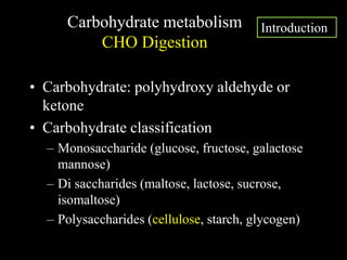 Carbohydrate metabolism
CHO Digestion
• Carbohydrate: polyhydroxy aldehyde or
ketone
• Carbohydrate classification
– Monosaccharide (glucose, fructose, galactose
mannose)
– Di saccharides (maltose, lactose, sucrose,
isomaltose)
– Polysaccharides (cellulose, starch, glycogen)
Introduction
 